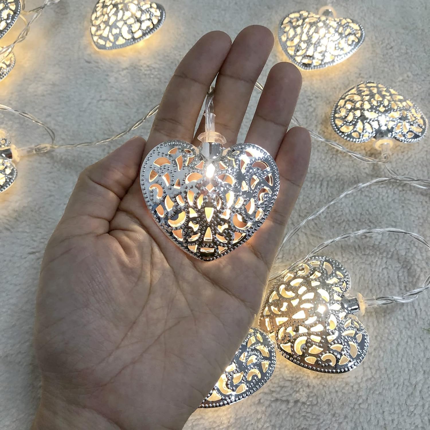Hollow Heart Shape String Lights - Metal Geometric Led Fairy Lights Battery Powered For Indoor Decoration - Holiday, Chr
