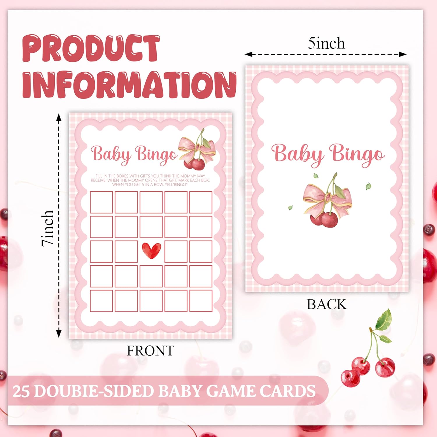 Pink Bow Baby Shower Games, 25 Pcs Cherry Baby Bingo Game For Adults, 5"×7" Double-Sided Gender Reveal Cards For Party Decorations Favors - C02