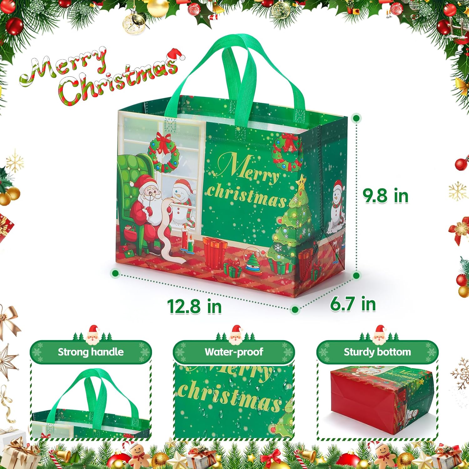 Christmas Gift Bags 36 Pack - Non-Woven Reusable Holiday Gift Bags With Handles, Jumbo Xmas Tote Bags For Christmas Party, Gift Wrapping, New Year Favors & Decorations (12.8X9.8X6.7 Inches)