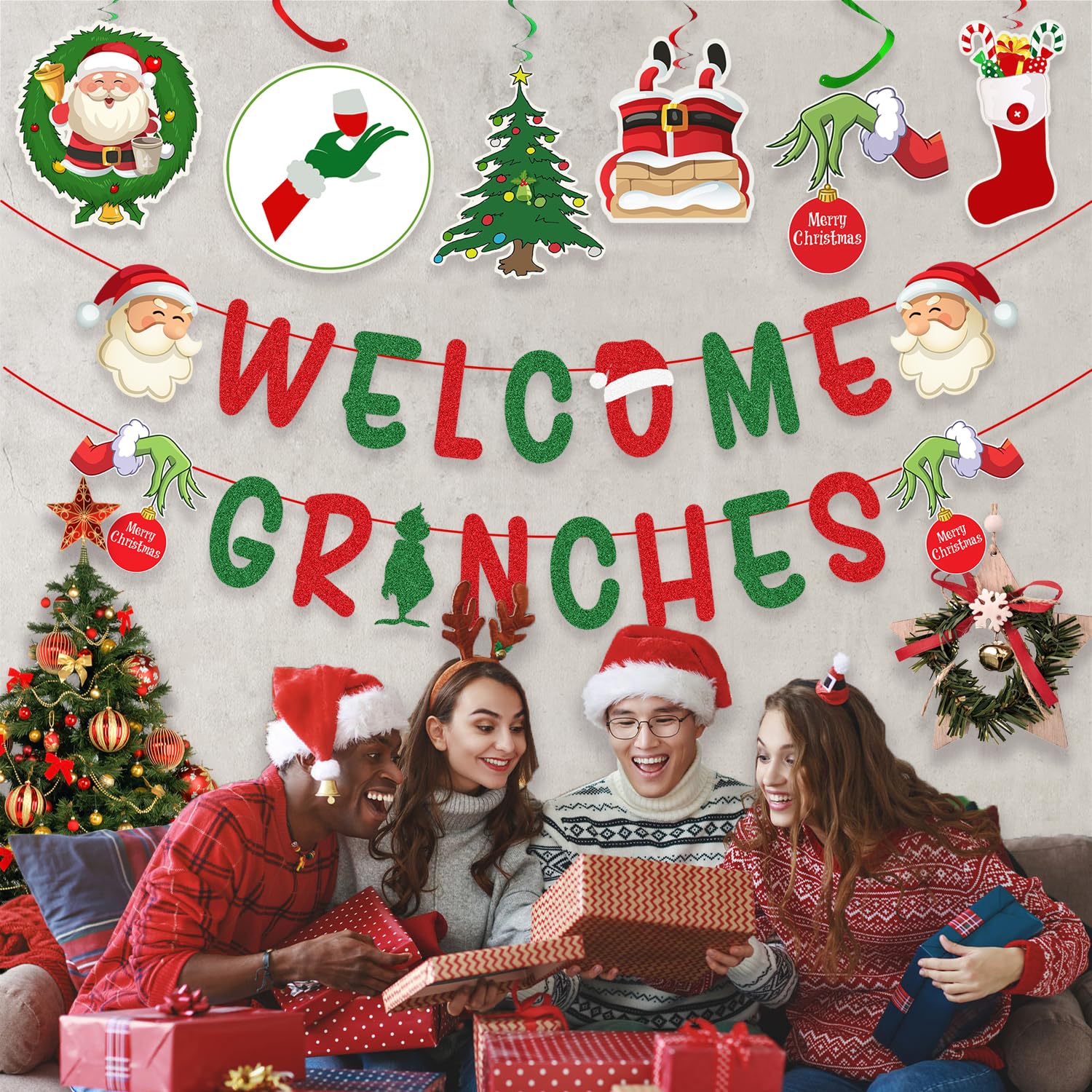 Christmas Decorations – Glittery Welcome Grinches Banner, Hanging Swirls With Xmas Ornaments For Christmas Party Decor
