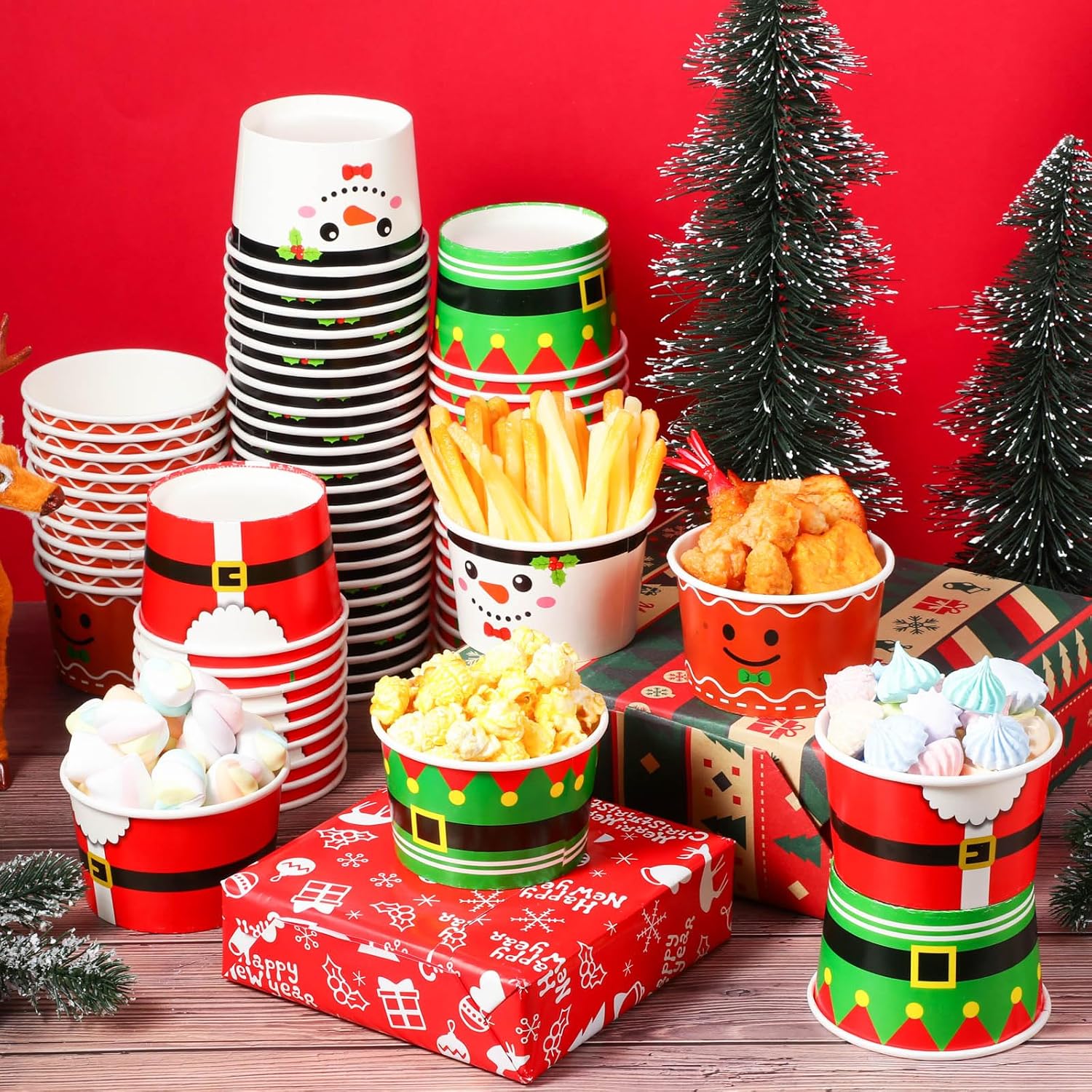 100 Pieces Christmas Party Snack Cups Xmas Disposable Ice Cream Cups Merry Christmas Disposable Paper Dessert Soup Bowls For Hot Or Cold Food, Christmas Party Decorations Supplies, 8 Oz