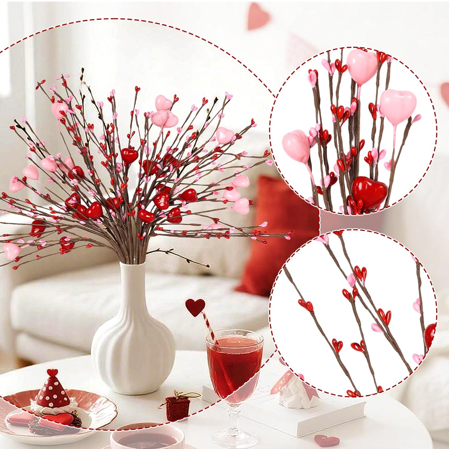 6 Pieces Artificial Berry Flower Stems Heart Shaped Berry Picks Valentines Day Gifts For Valentines Day Wedding Home Decor (Red)