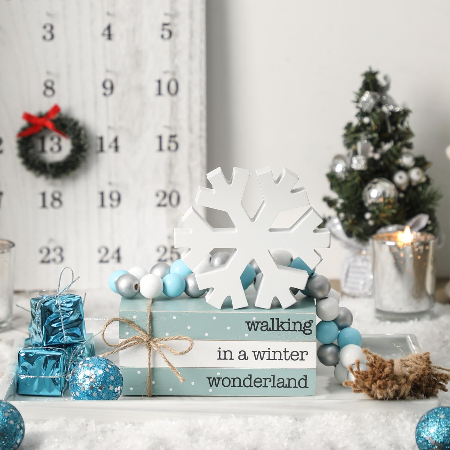 5Pcs Winter Wooden Tiered Tray Decor, Wooden Book Stacks Bundle With Snowflake Table Decor, Blue Xmas Rustic Farmhouse Tabletop Centerpieces Home Kitchen Decoration