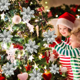 18 Pcs Poinsettia Flowers Artificial Christmas Decorations,Artificial Silver Poinsettia Flowers For Christmas Tree,Fake Glitter Poinsettias 5.5" With Stems Clips For Outdoor Home Decor(Silver)