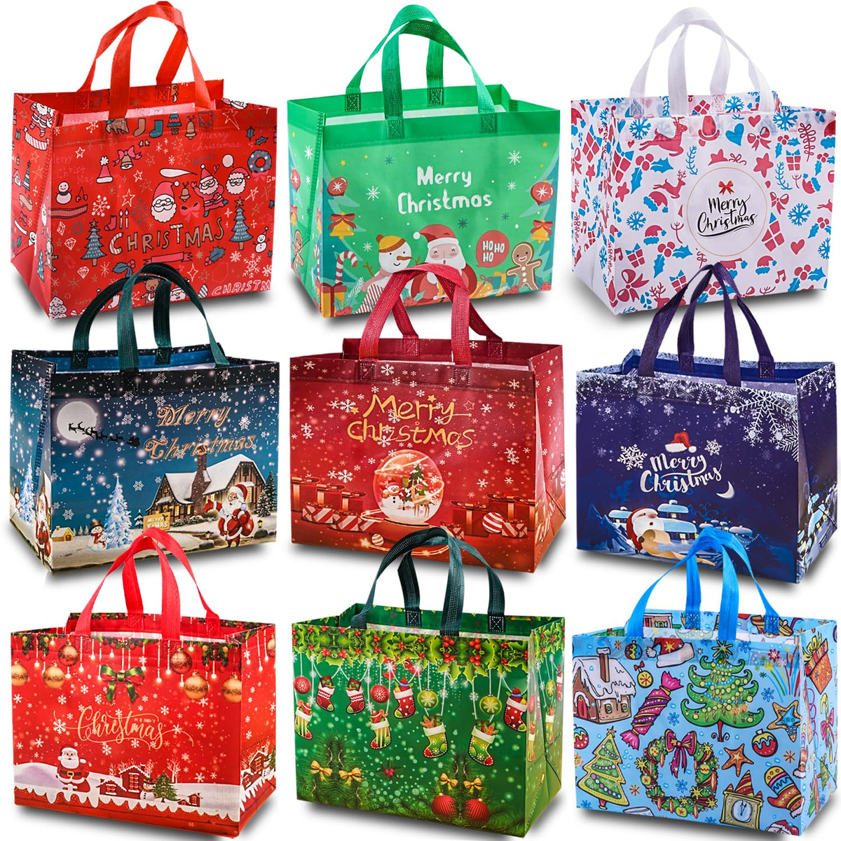 9Pcs Christmas Gift Bags, Christmas Tote Bags With Handles, Reusable Non-Woven Shopping Bags For Xmas Gifts Wrapping Holiday Party Supplies, 12.8"×9.8"×6.7"