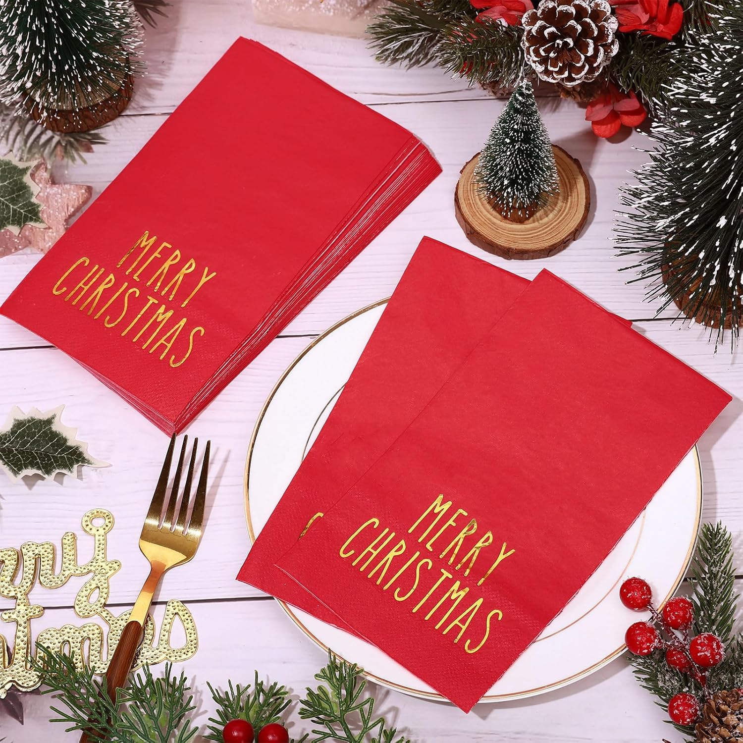 100Pcs Merry Christmas Guest Napkin Gold Foil Xmas Red Paper Napkin Disposable Dinner Hand Towel Napkin For Party Supplies Table Decor