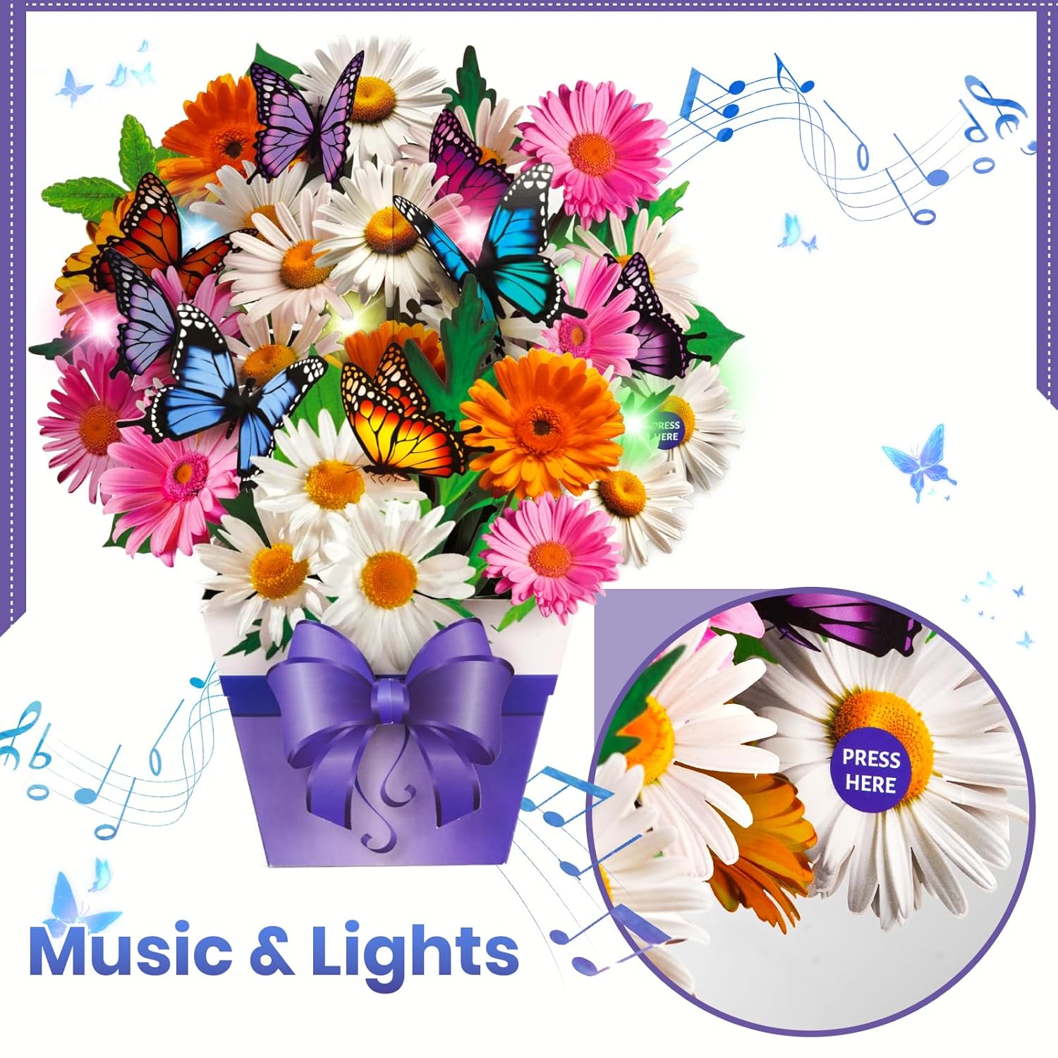 Mothers Day Card, Butterfly Card With Music And Light, Flower Bouquet Card, Mothers Day Gift For Mom, Women, Wife, Sister (Daisy And Butterfly)