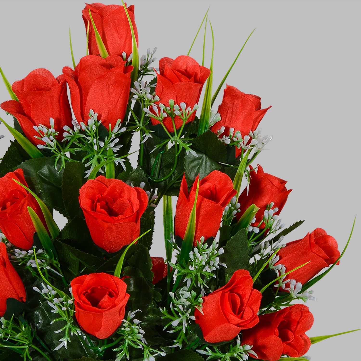 Artificial Cemetery Flowers, Grave Decorations Roses, Memorial Flowers Bouquet With Cemetery Vase, 2 Sets (Red)