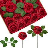 Artificial Flowers, 50 Pcs Dark Red Foam Fake Roses Bulk With Stems For Decoration Celebration Diy Wedding Bouquets Centerpieces Bridal Shower Party Christmas Tree
