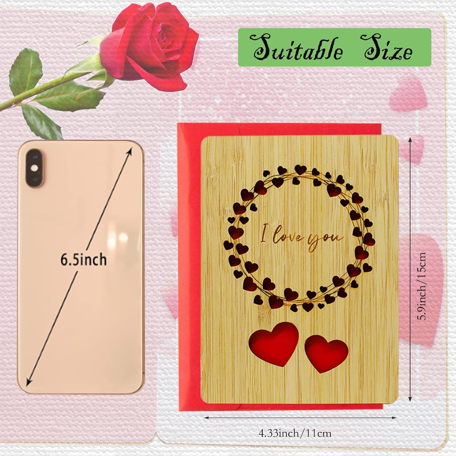 Wooden Gift Card I Love You Card Handmade Bamboo Wood Wedding Anniversary Greeting Cards Anniversary Funny Gifts For Her, Him, Husband, Wife, Boyfriend, Girlfriend(With Greeting Card Envelopes)