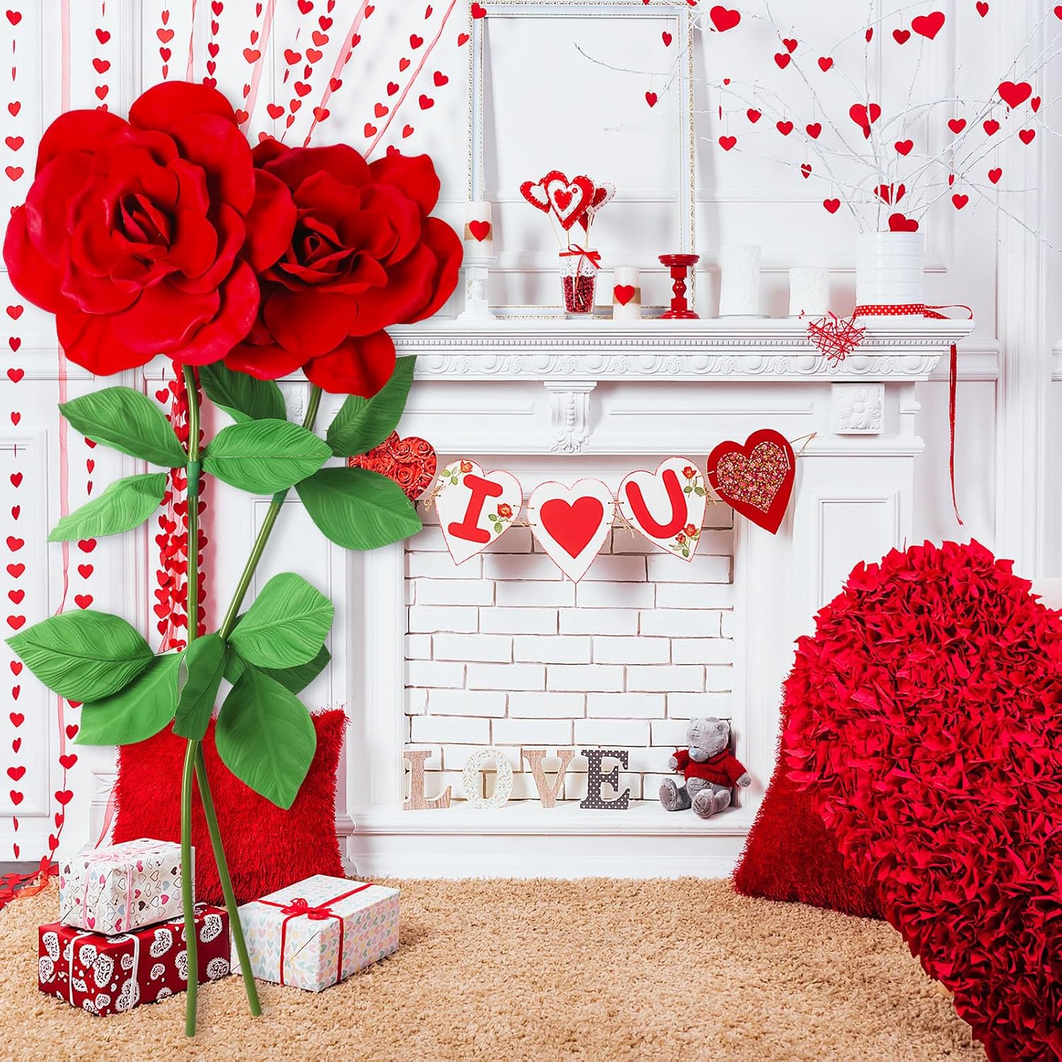 2 Pcs 4.6 Ft Valentine Giant Red Rose For Decorations Huge Artificial Flower Jumbo Rose Prop For Valentine Wedding Home Decor Anniversary Birthday Background Shop Window Display Photography