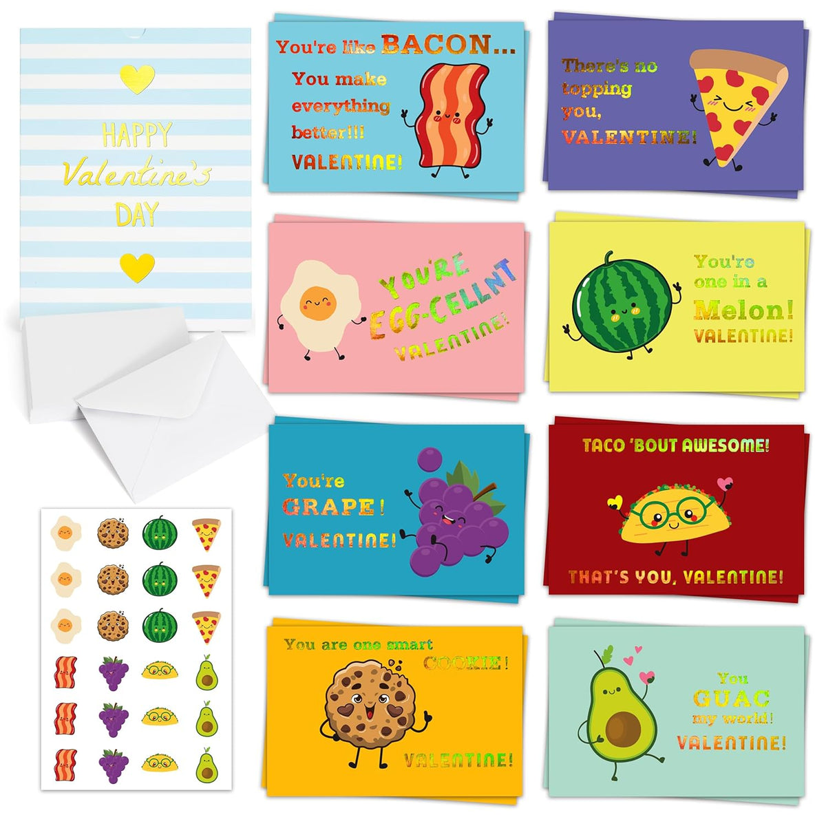 24 Gold Foil Valentine'S Cards For Kids - 4X6 Inches With 8 Unique Designs, Stickers, And Envelopes - Perfect For Classroom Exchanges, Parties, And V-Day Events - Ideal For Boys, Girls, Teachers,