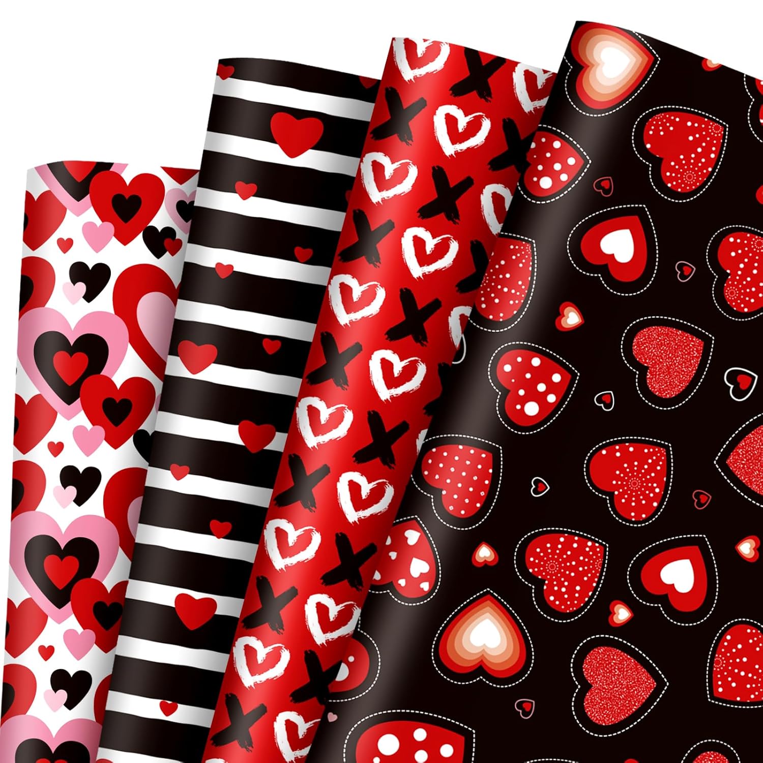 12 Sheet Valentine’S Day Wrapping Paper Love Heart Xoxo Gift Wrap Paper Folded Flat Red Black Diy Craft Art Paper For Birthday Wedding Party Supplies, 19.7 X 27.6 Inch