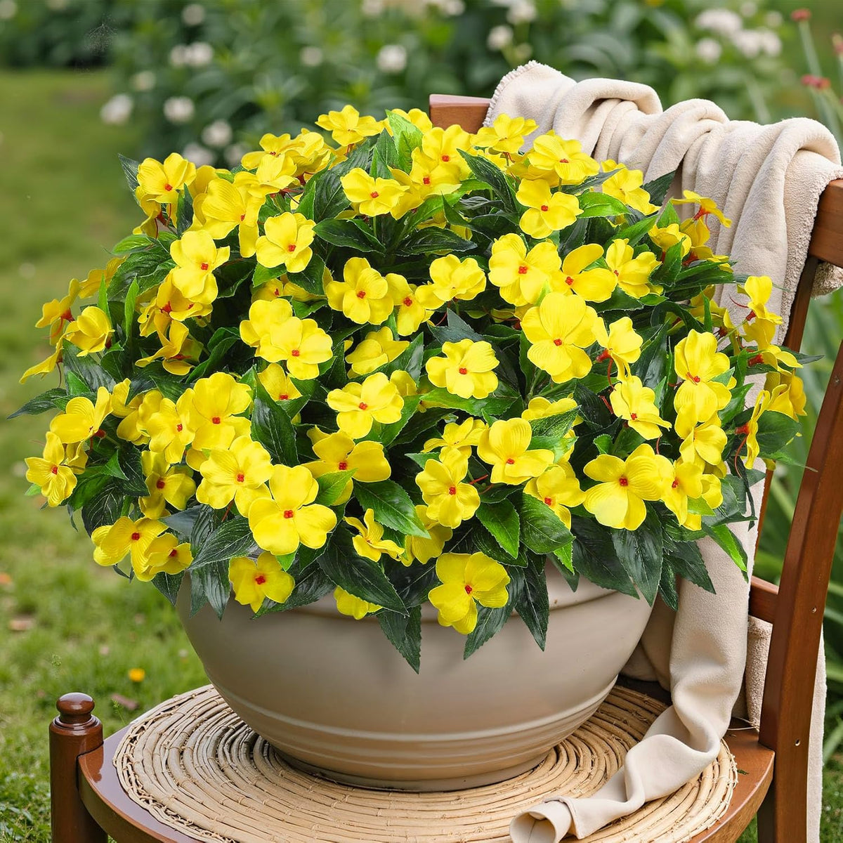 6 Bundles Artificial Impatiens Flowers For Outdoors Decoration, Silk Flowers Bouquet Fake Plants Uv Resistant For Spring Summer Garden Porch Window Box Balcony Home Decor, Yellow