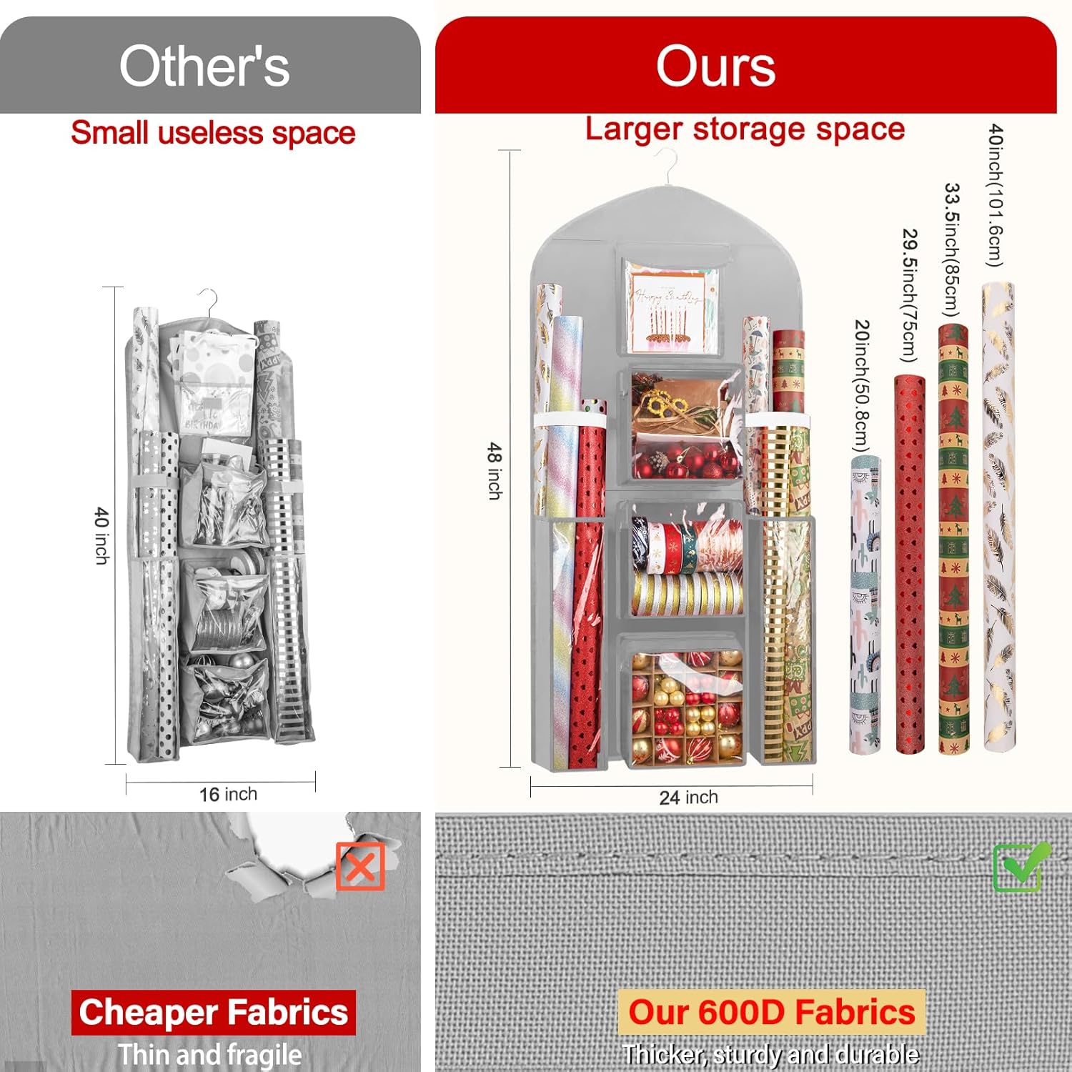 Hanging Gift Wrapping Paper Storage, 48X24 (Extra Large) Grey Double-Sided Christmas Wrapper Bag Container, Oxford Long Craft Roll Organizer, Present Wrap Holder For Closet, Door