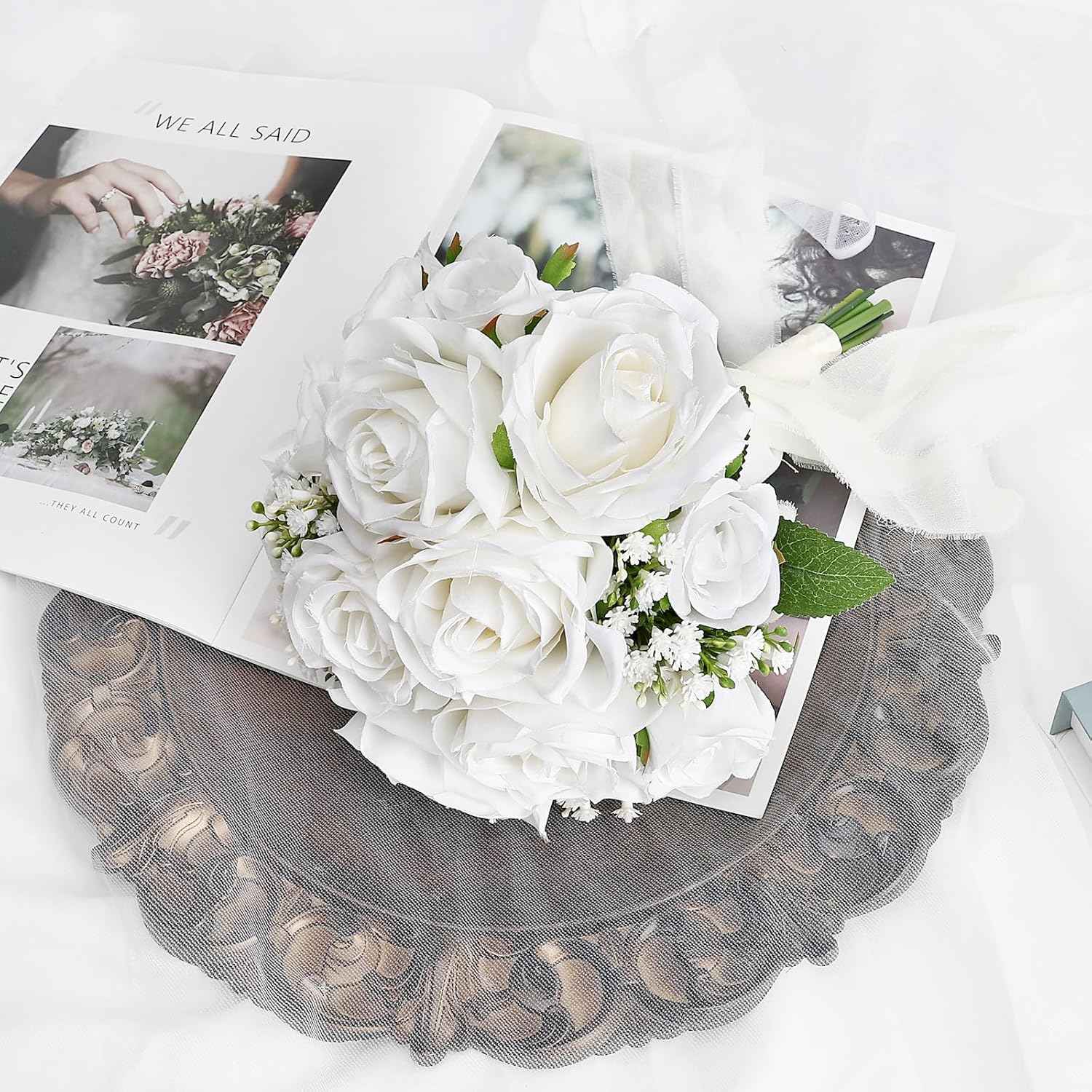 Wedding Bouquet For Bride - Premade Simple Artificial Roses Flowers For Bridal Shower Destination Ceremony Anniversary Decorations - White