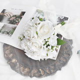Wedding Bouquet For Bride - Premade Simple Artificial Roses Flowers For Bridal Shower Destination Ceremony Anniversary Decorations - White