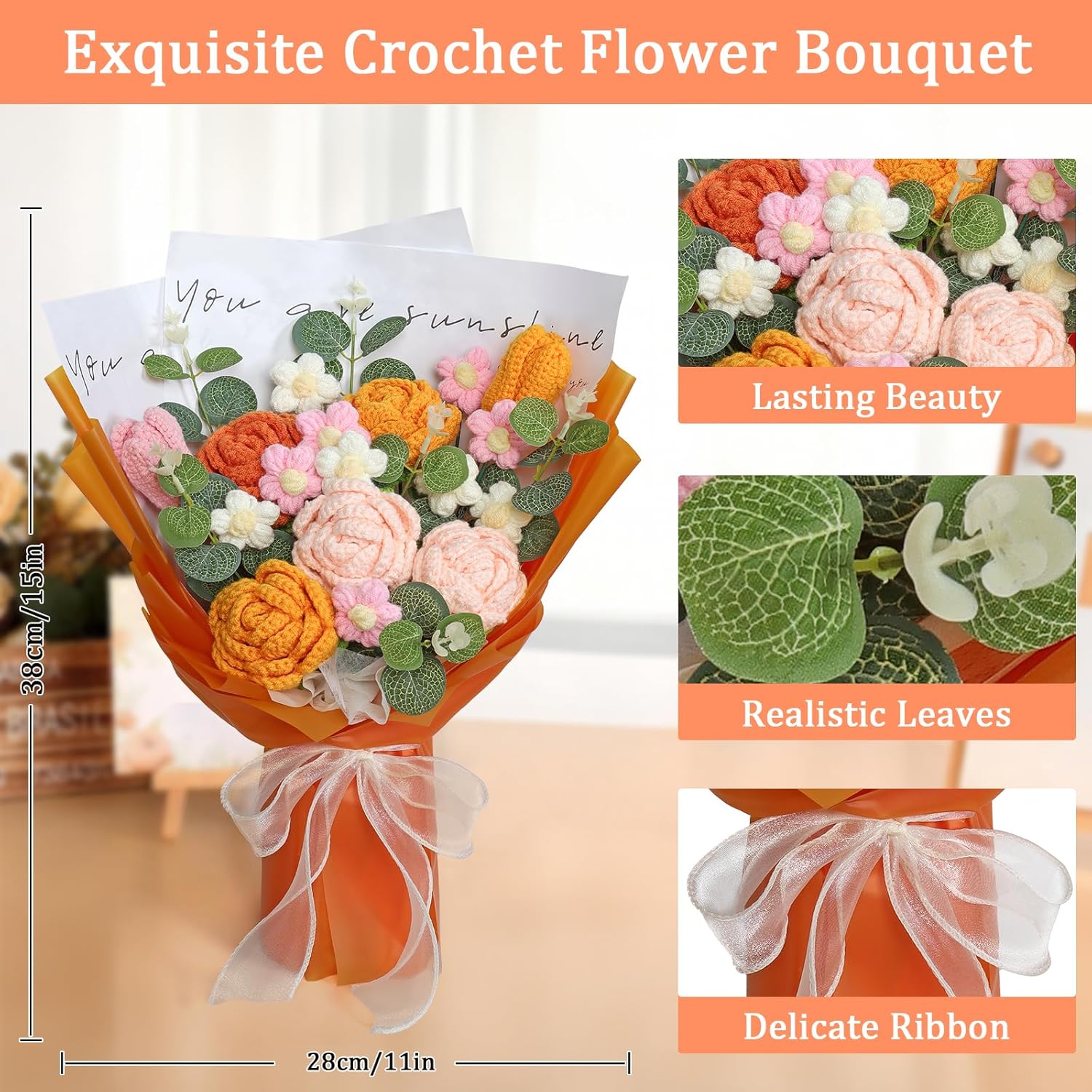 Crochet Flower Bouquet, Orange Hand Knitted Artificial Flowers With Crochet Tulip Rose For Valentine'S Day, Wedding, Anniversary, Birthday, Gift For Lover Girlfriend Wife Mother Women