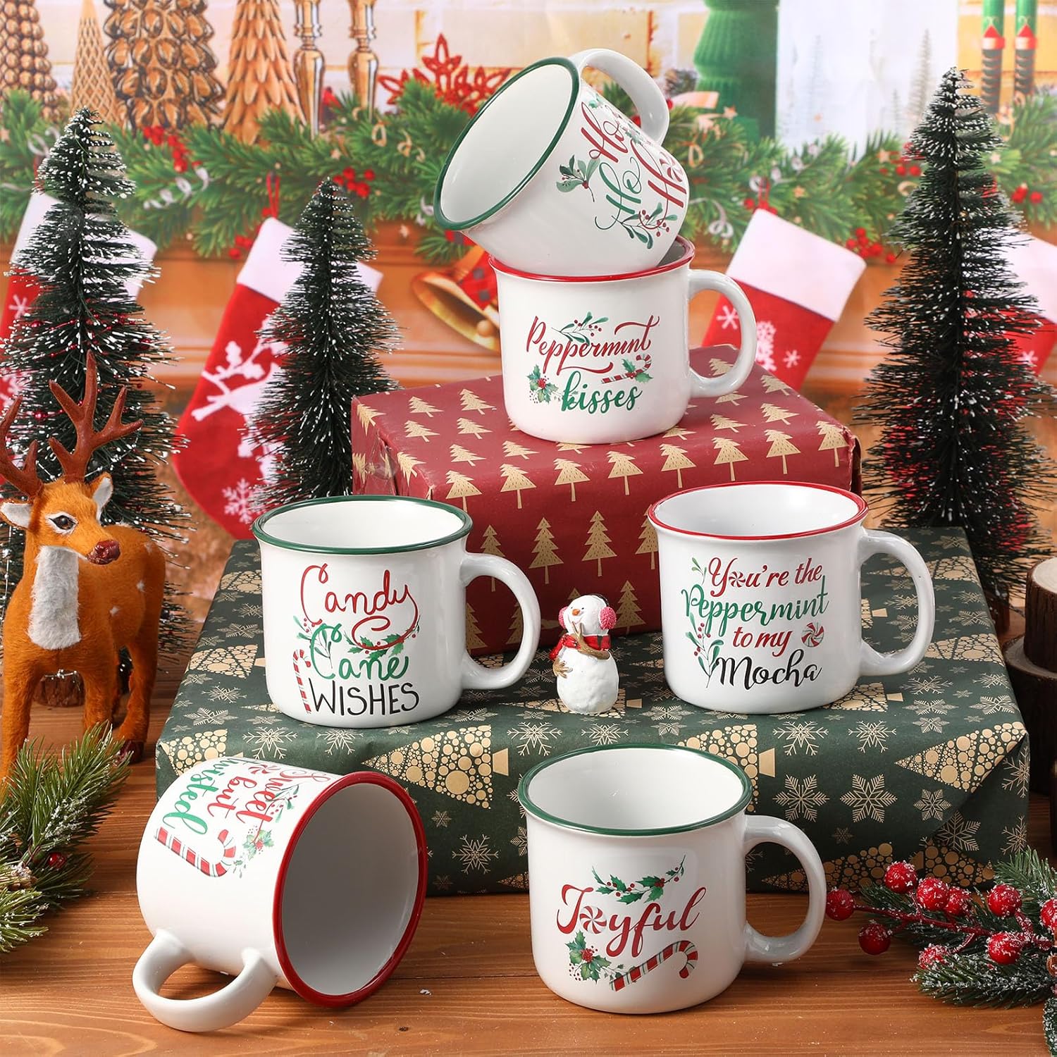 Christmas Coffee Mug Set Of 6, 14Oz Ceramic Mugs With Handle Novelty Red Green Christmas Cups Enamel Xmas Mugs For Winter Party Supplies