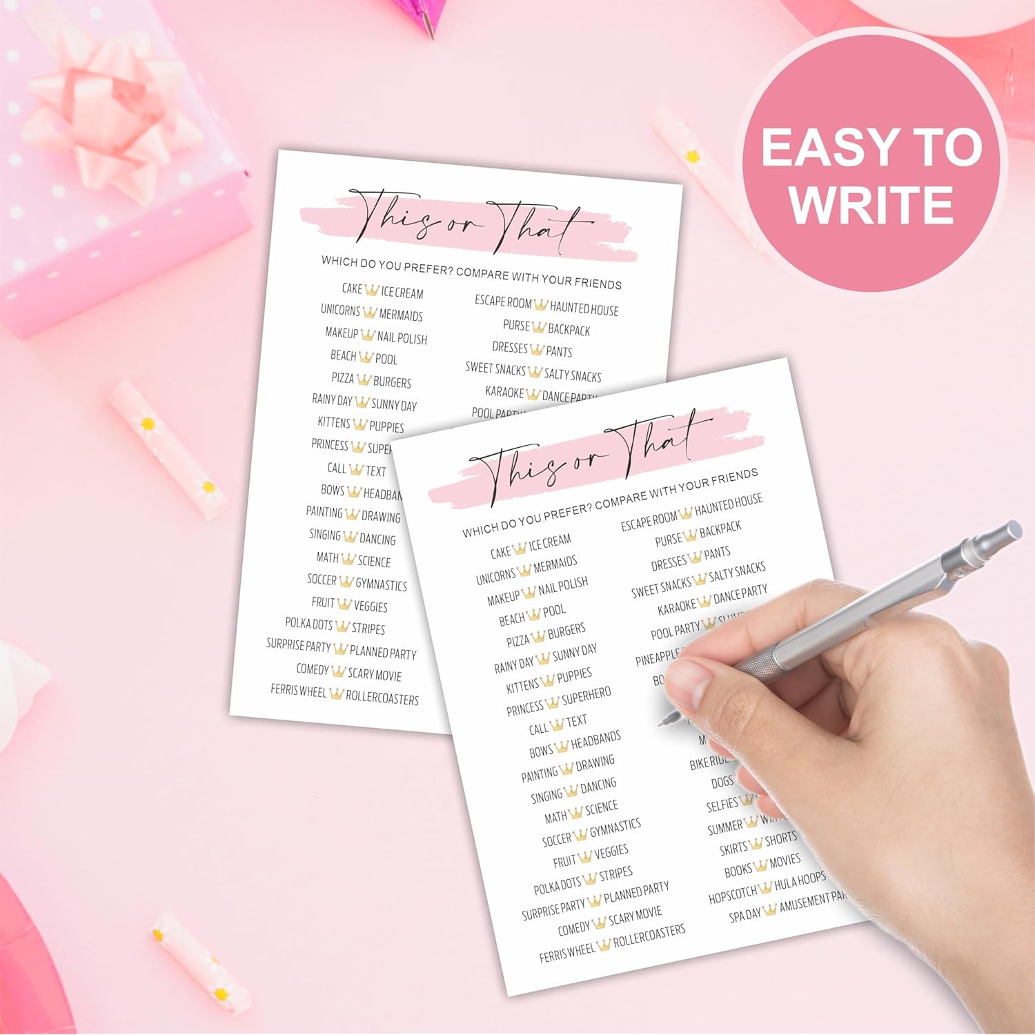 Minimalism Birthday Game Cards - This Or That - 20 Blush Double-Sided Fill In Style Birthday Party Game Cards For Girls, Friends Compare, Party Favor & Activities - A03