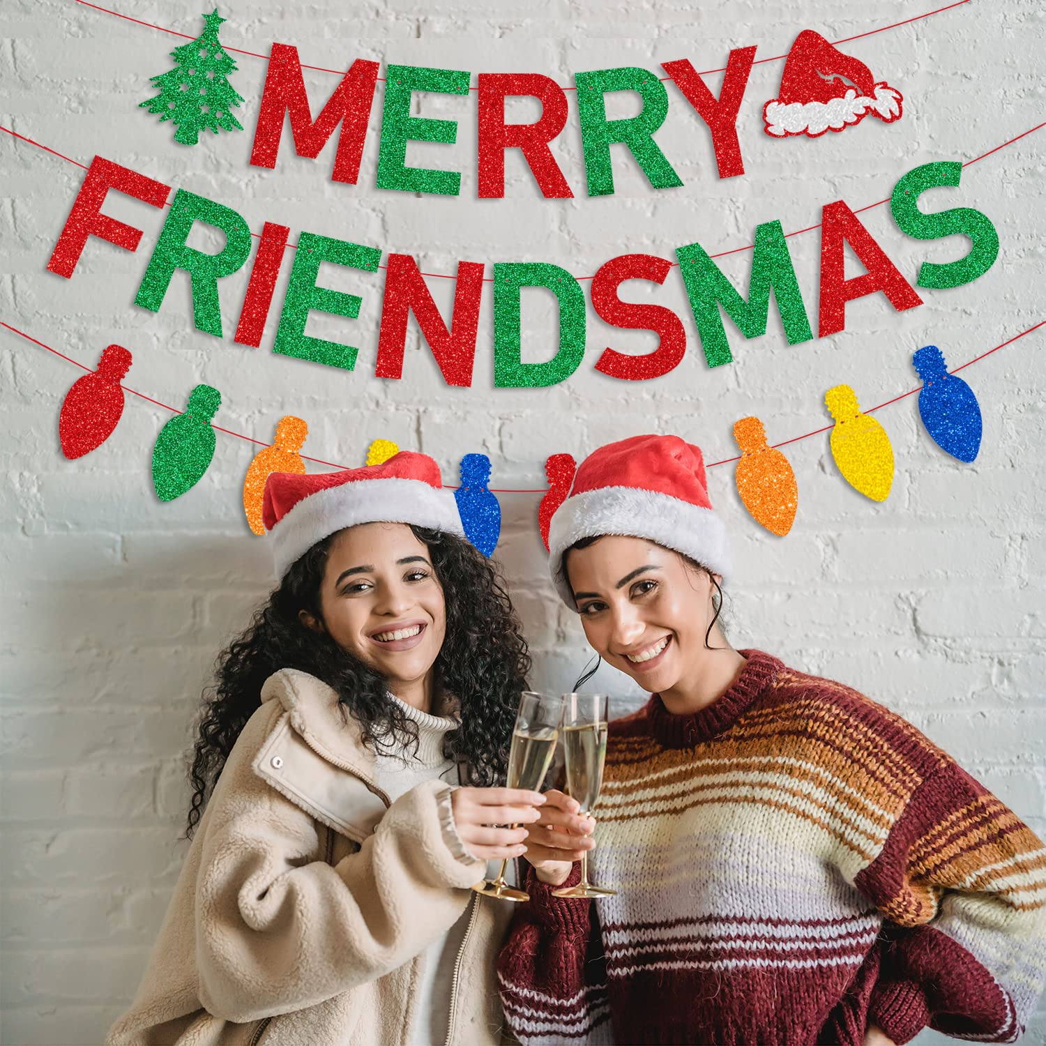 Red Green Glitter Merry Friendsmas Banner And Colorful Light Bulb Banner Friends Christmas Dinner Party Garland Banner Friendsmas Merry Christmas Holiday Party Fireplace Decorations