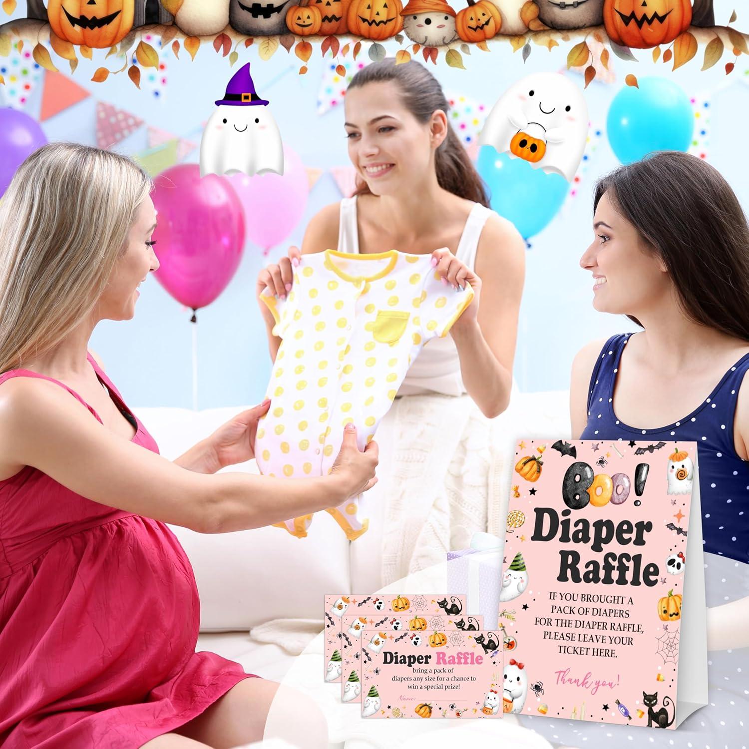 Halloween Baby Shower Games - 50 Diaper Raffle Tickets + 1 Self-Standing Sign - Diaper Raffle Party Game Sets For Baby Announcement Gender Reveal Decorations - B07