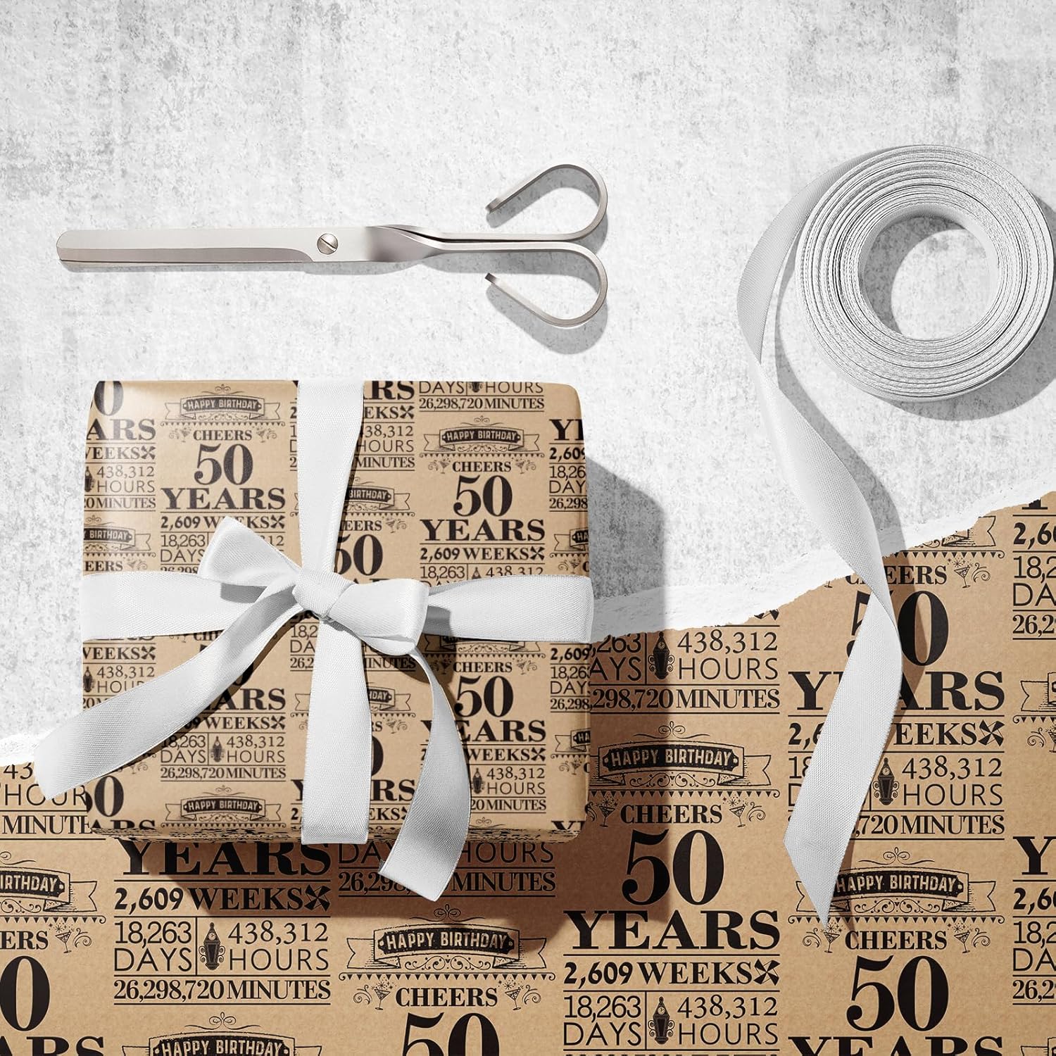 50Th Birthday Wrapping Paper Roll, Black Design, 17 Inches X 16.4 Feet, 1 Count (Pack Of 1), Perfect For Birthday, Party, Holiday Gifts