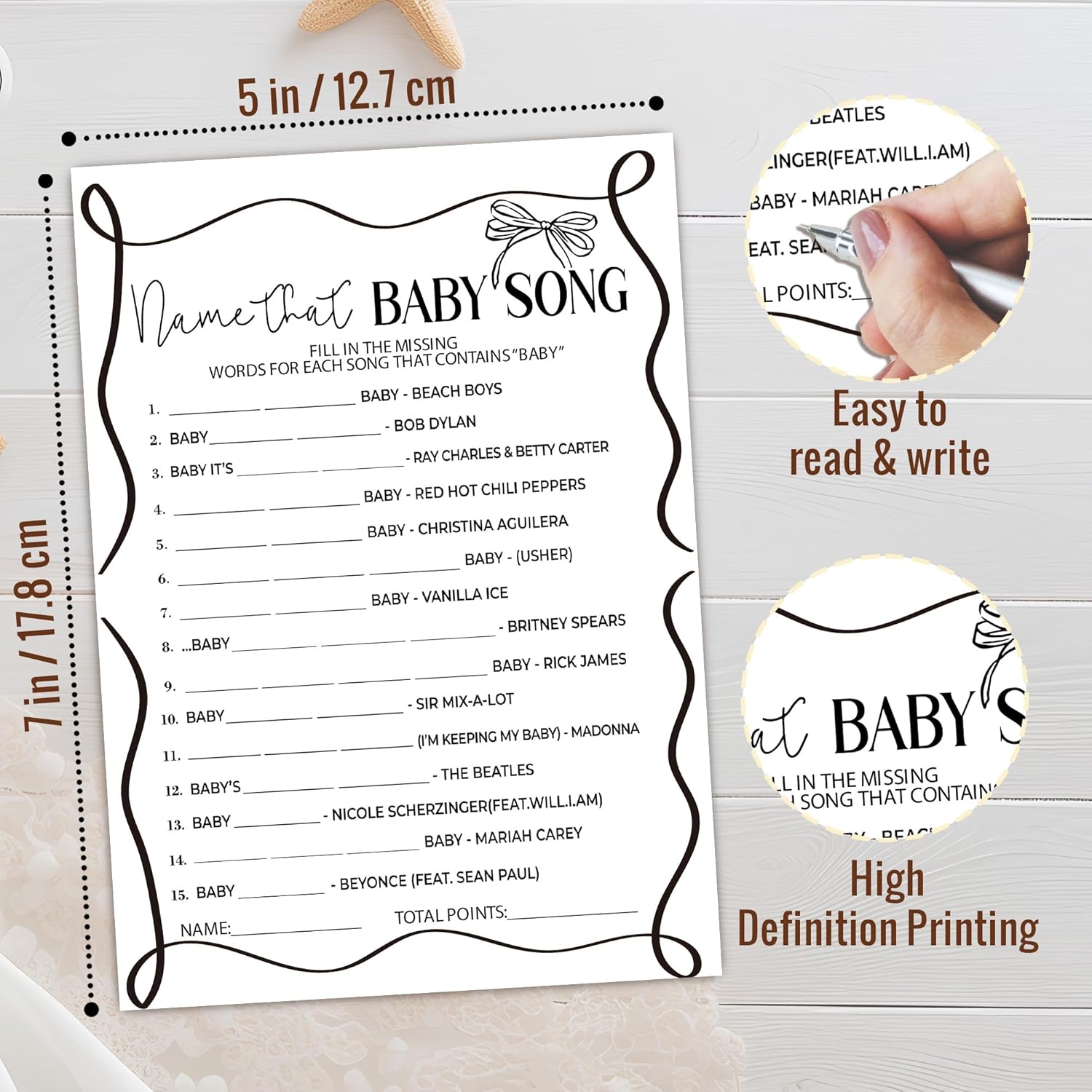 Baby Song Games, 5X7 Inch Funny Baby Shower Games Cards, 25 Gender Neutral With 1 Answer Card, Gender Reveal Party Supply Kit White, Infant Party Decorations-B02