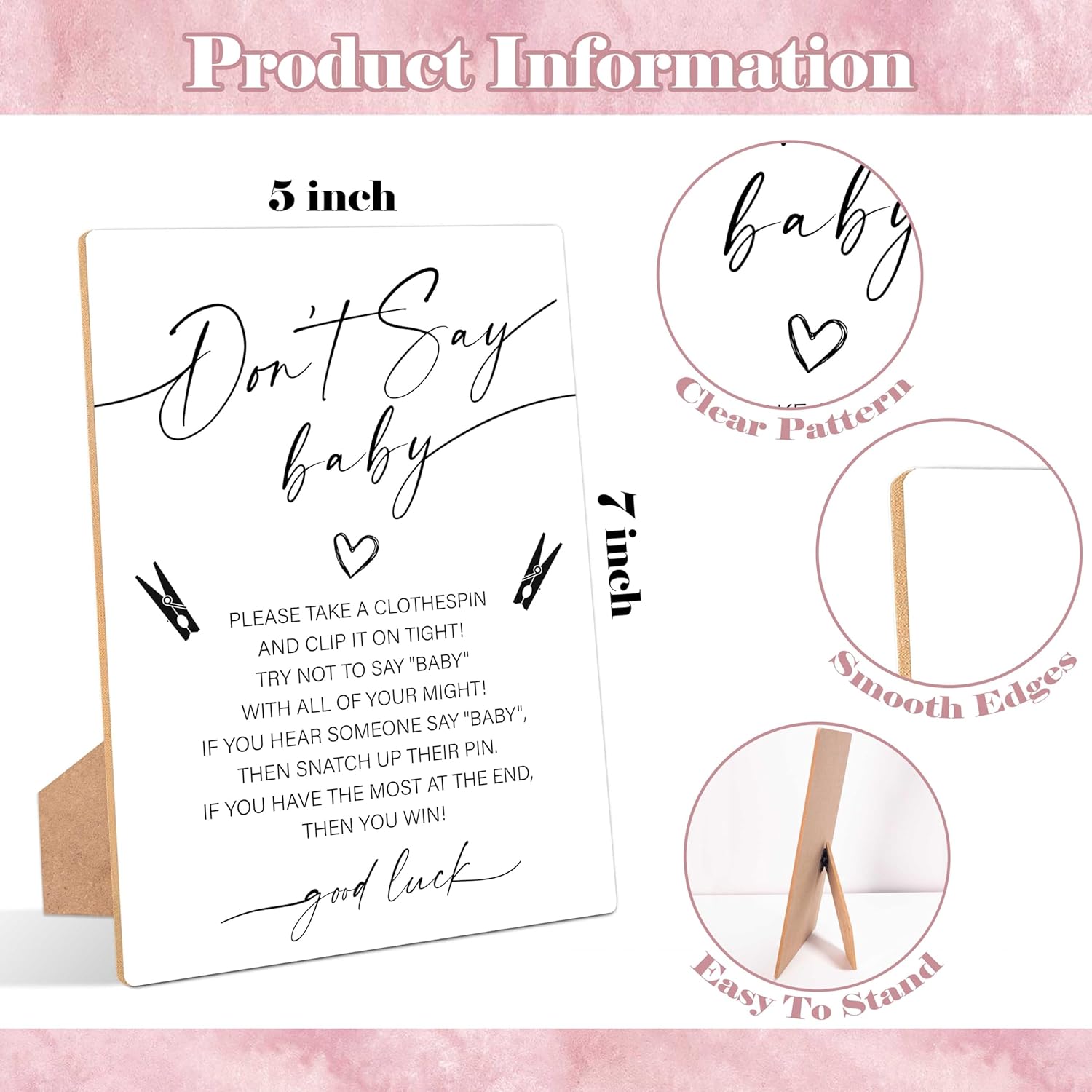 Minimalist Don'T Say Baby Clothespin Game, Pack Of 1 Wooden Tabletop Sign With Stand And 50 Mini Natural Clothespins, Modern Baby Shower Game, Gender Reveal Party Decorations - Qx09