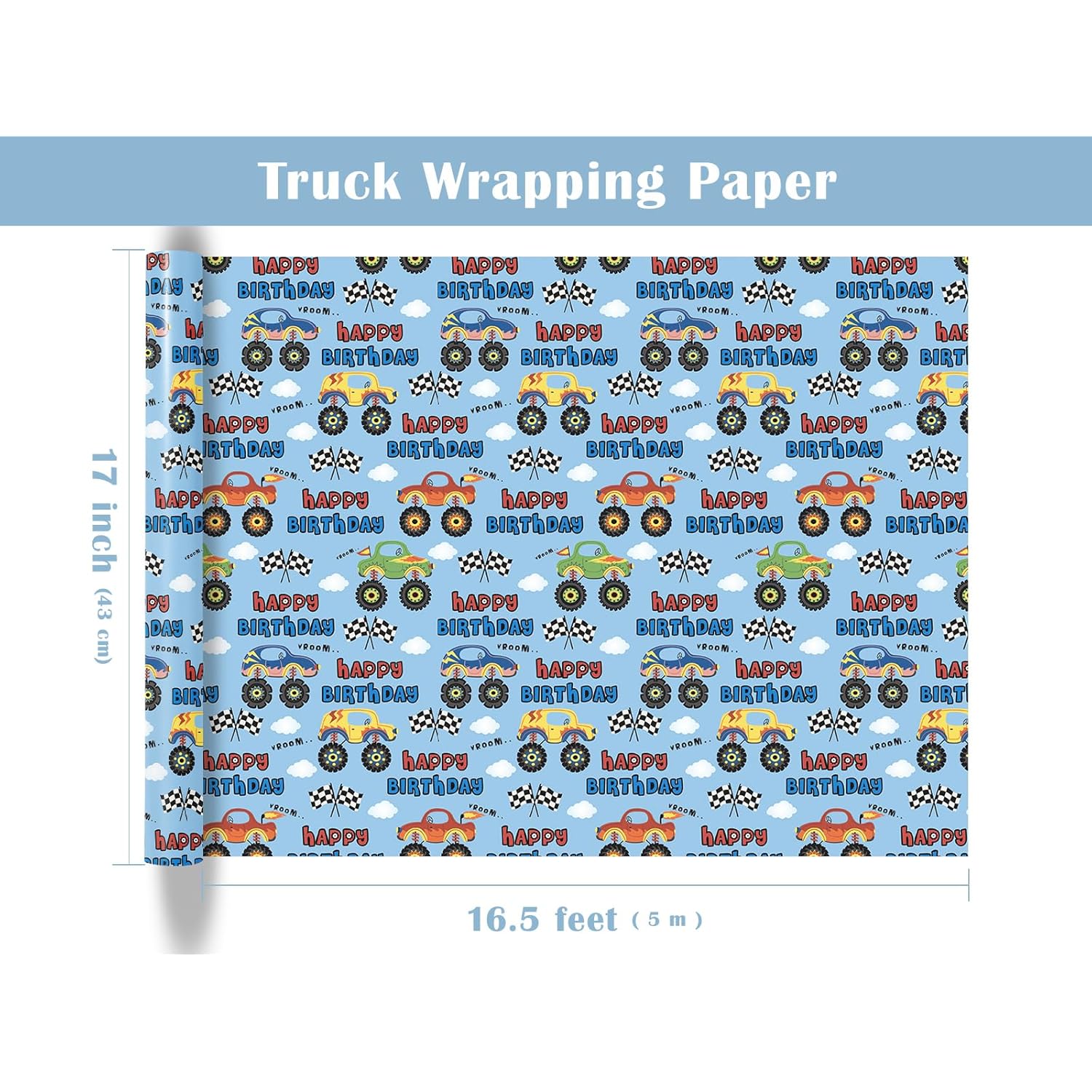 Truck Wrapping Paper - Mini Roll - 17 Inch X 9.8 Feet - Light Blue Happy Birthday Wrapping Paper For Kids Boys, Baby Shower, Car Lover