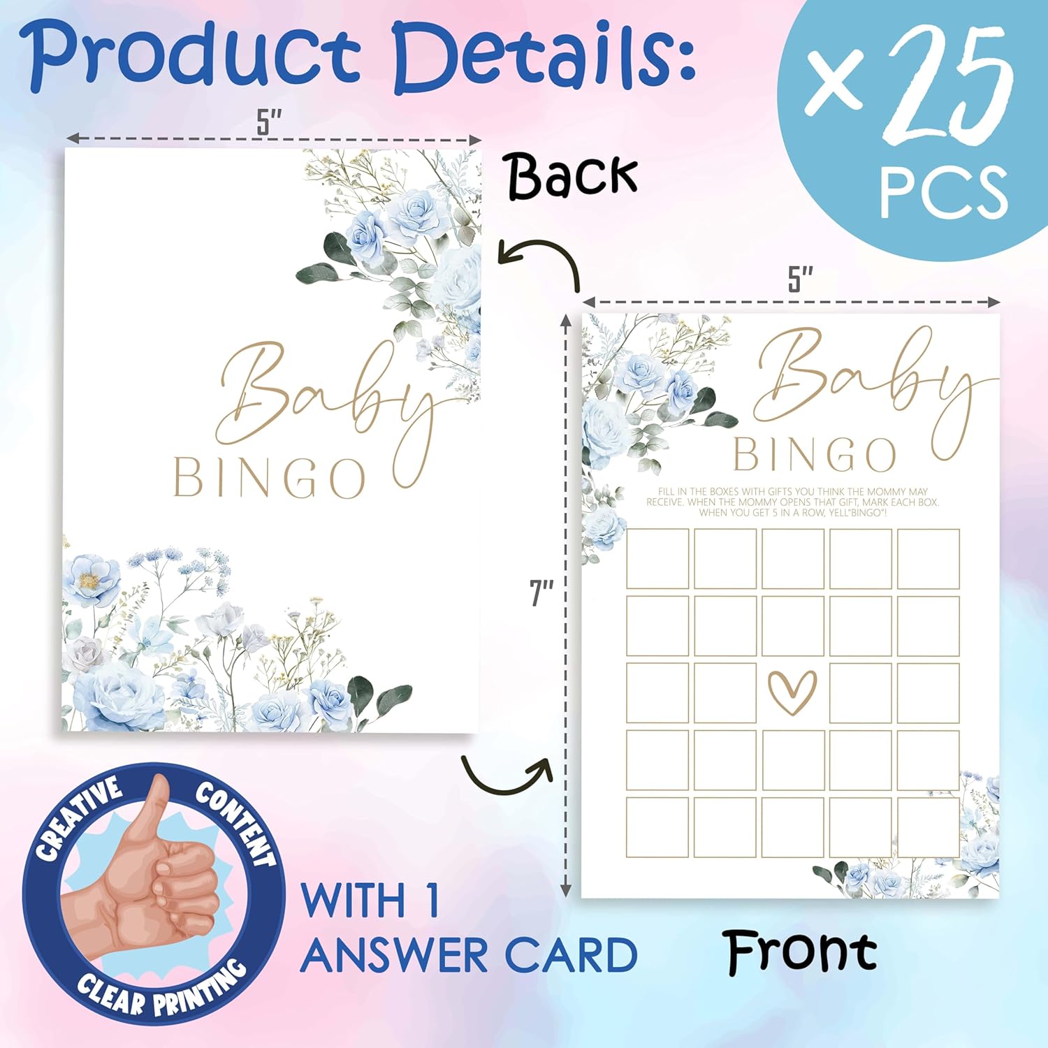 Baby In Bloom Baby Shower Games For Boy Girl, Spring Blue Floral Bingo Game Gender Neutral Party Decorations Favors Ideas, 25 Pcs, 5X7 In-C03