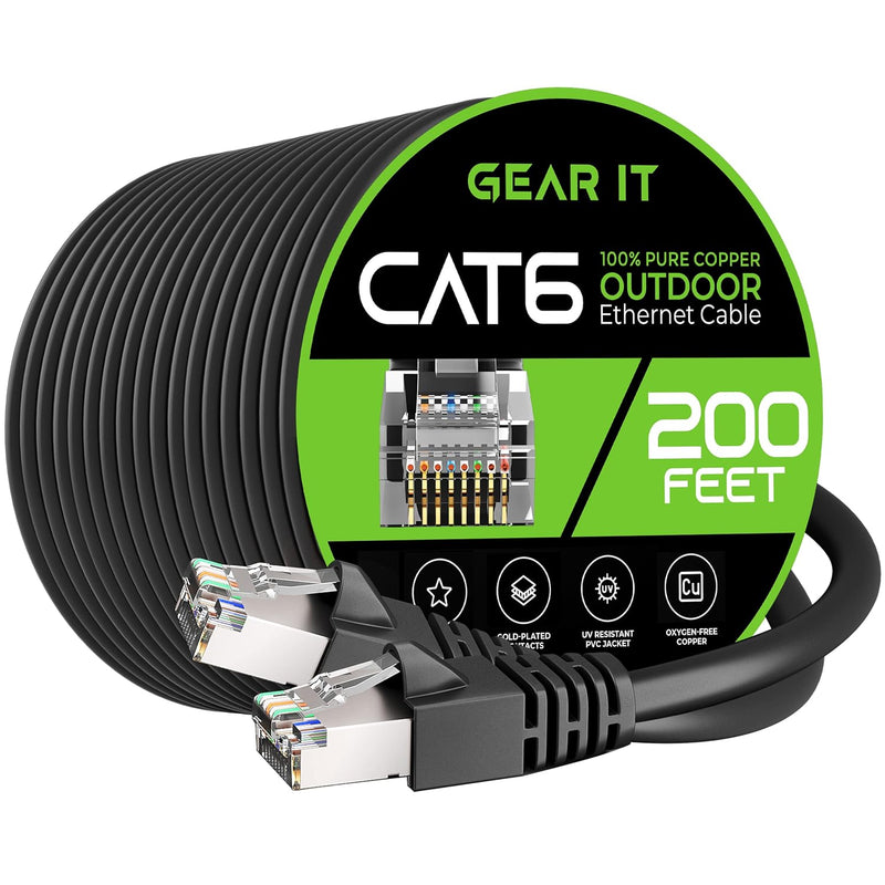 GearIT Cat6 Outdoor Ethernet Cable (200ft) 23AWG Pure Copper, FTP, LLDPE, Wate