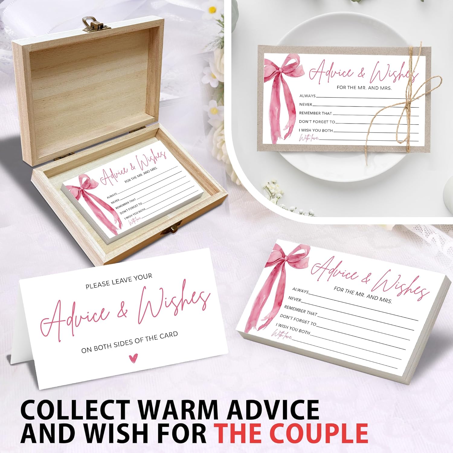 Pink Bow Advice And Wishes For The Mr And Mrs - 50 Packs Wedding Advice Cards Bridal Shower Game Cards With Box Reception Guest Book For Bride Groom Newlywed Engagement Party Decoration -A07