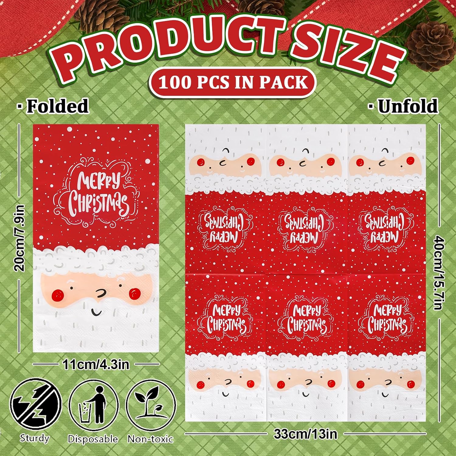 100 Pack Merry Christmas Guest Napkins Cute Santa Claus Disposable Paper Napkins Red White Decorative Bathroom Hand Napkin Towel For Xmas Party Supplies, 13 X 15.7 Inch