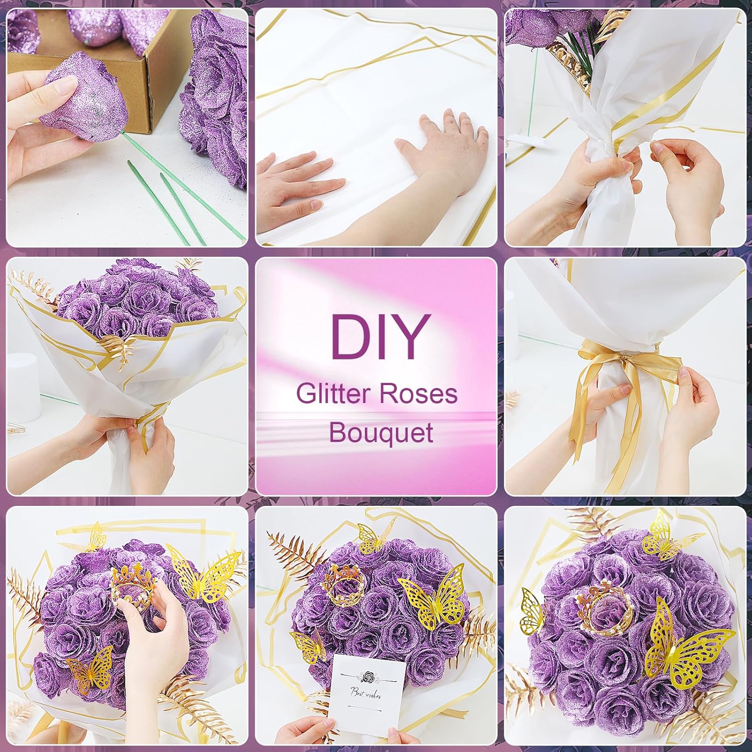 Artificial Glitter Roses - 24 Pack Diy Fake Shiny Floral For Crafts Wedding, Anniversary, Mother'S Day,Birthday And Valentine'S Day Lilac