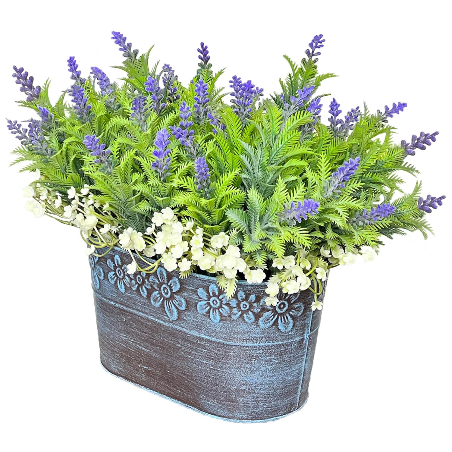 Artificial Flowers Lavender Arrangement In Rustic Rectangular Metal Planter, Pre-Potted Fake Lavender Table Centerpiece For Gifts Farmhouse Wedding Kitchen Windowsill Table Shelf Indoor Greenery Décor