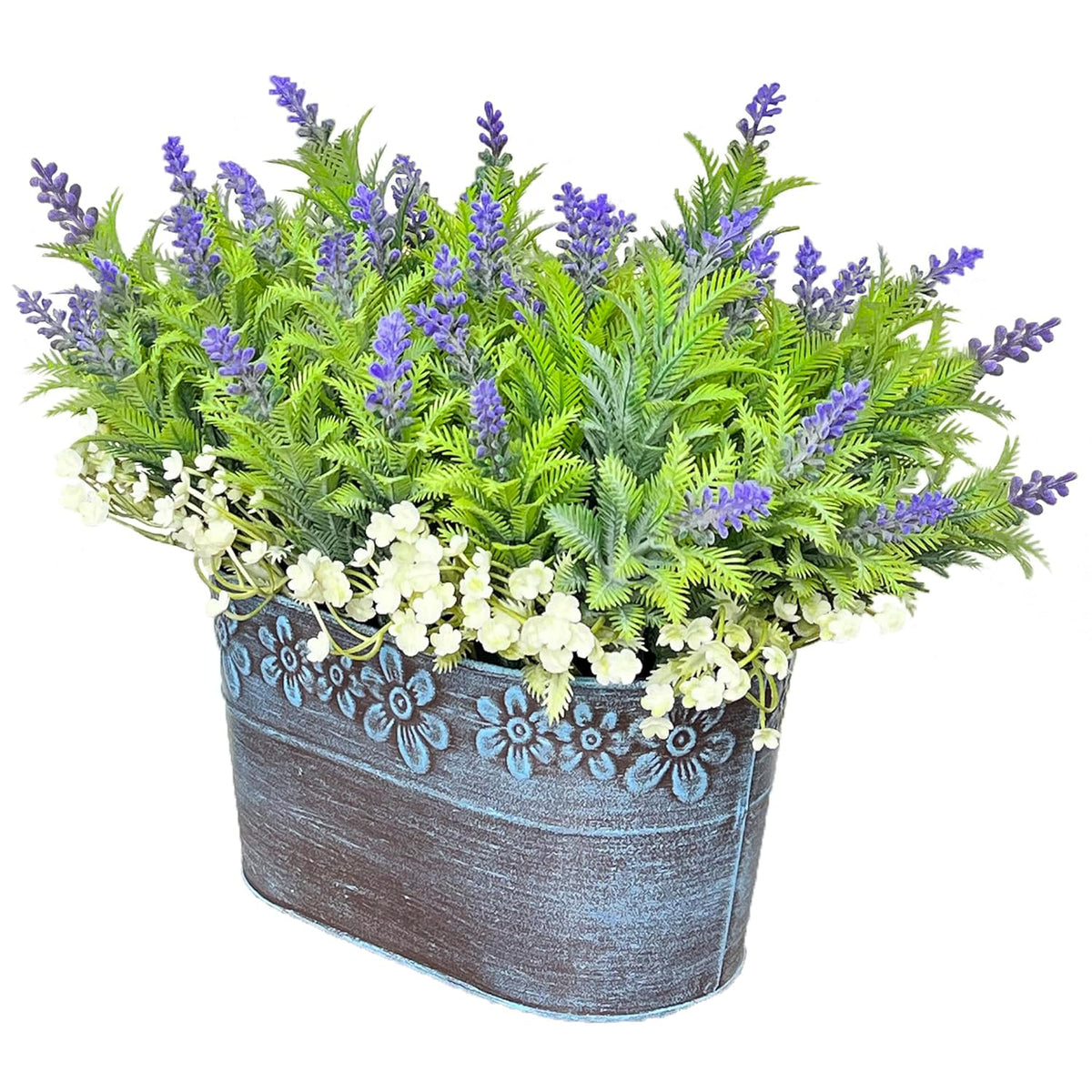 Artificial Flowers Lavender Arrangement In Rustic Rectangular Metal Planter, Pre-Potted Fake Lavender Table Centerpiece For Gifts Farmhouse Wedding Kitchen Windowsill Table Shelf Indoor Greenery Décor