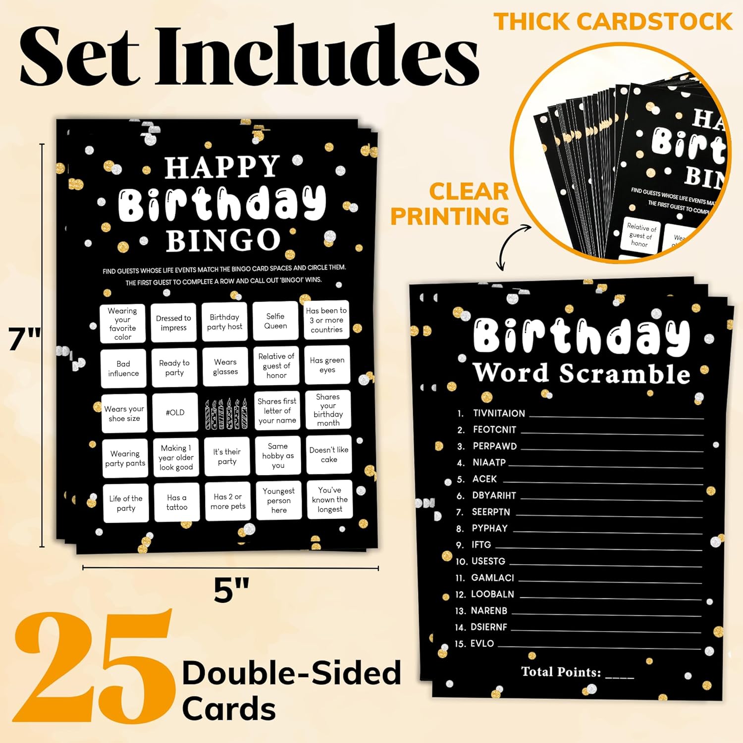 Happy Birthday Bingo - 25 Pcs Adults Party Games, Word Scramble, Fun Games