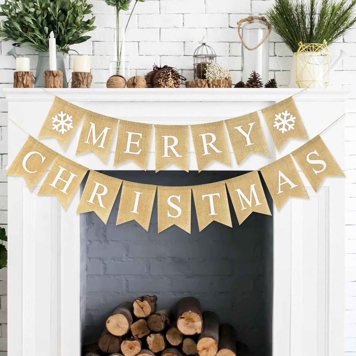 Merry Christmas Burlap Banner Christmas Snowflake Pre-Assembled Bunting Garland Xmas Tree Decor For Fireplace Wall Indoor Outdoor Xmas Party Decoration Photo Prop