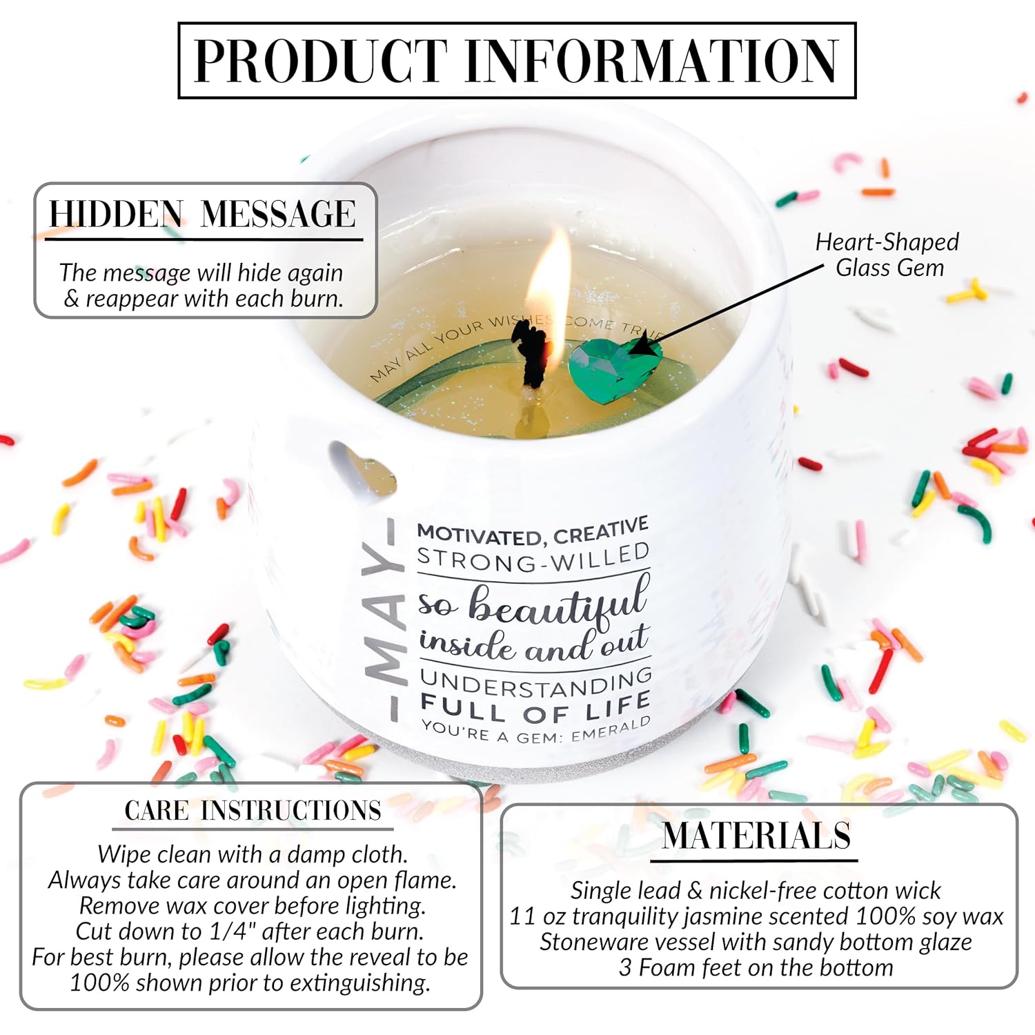Pavilion Gift Company - May 11 oz Wax Reveal Candle, Natural Soy Wax Birthstone Candle, Jasmine Scented, Gemstone Candle with Crystal Inside, Birthday Gifts for Women, 1 Count