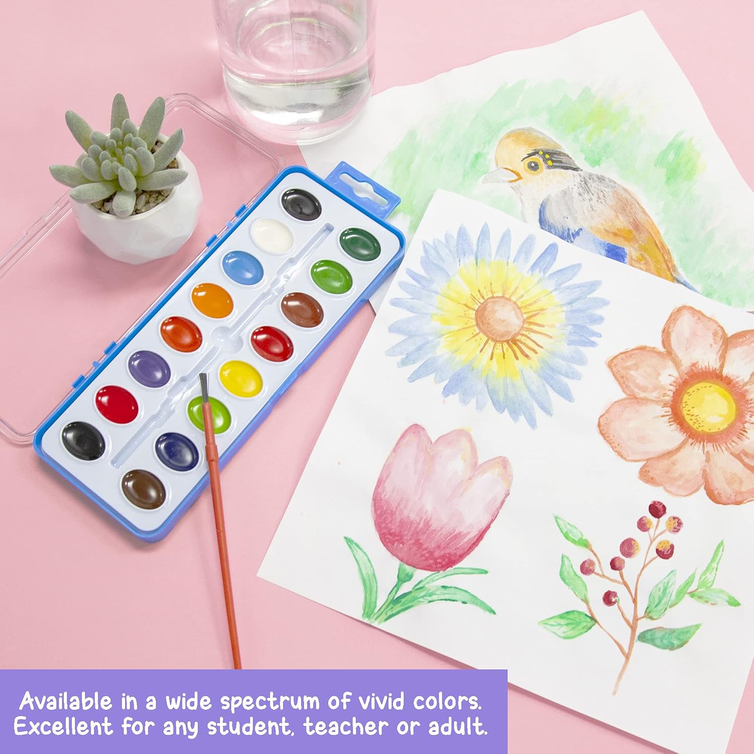 BAZIC Products Watercolor w/Brush Semi Moist 16 Color, Non-Toxic Paint Set, for Kids Hobby Fun Art Supplies Crafts Vibrant Coloring Painting, 1-Pack