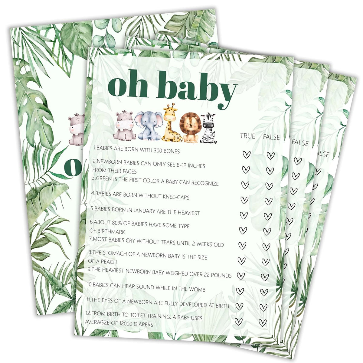 Baby Shower Games Boy, Safari Jungle Animal Oh Baby True Or False, 30 Double-Sided Fill In Game Cards & 1 Answer Card For Woodland Gender Reveal Party Favor Supplies - B04