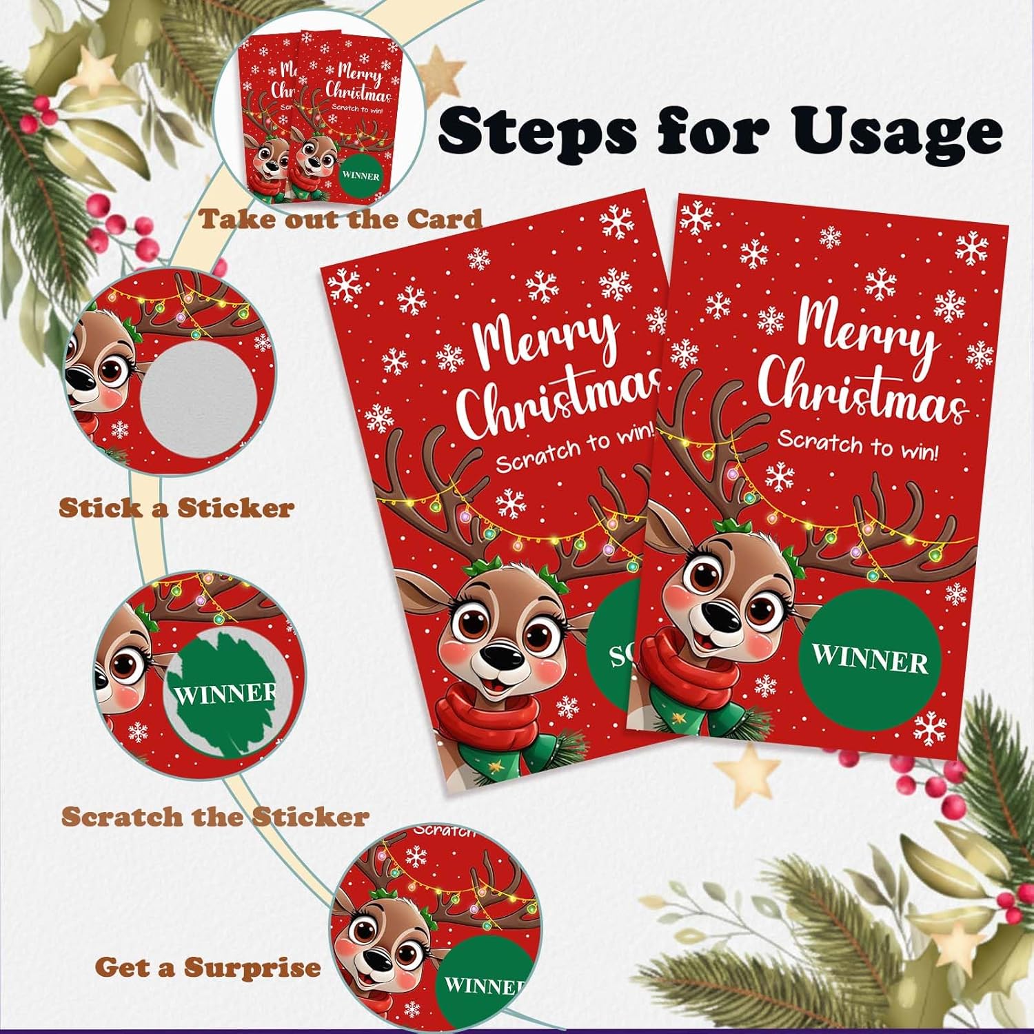 Reindeer Scratch Off Game Cards, 50-Pack Christmas Scratchers For Family Fun, Classroom Prizes, Ice Breaker - A02
