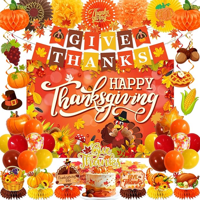 Thanksgiving Party Decorations Banner Orange Balloons Hanging Swirls Honeycomb Centerpieces