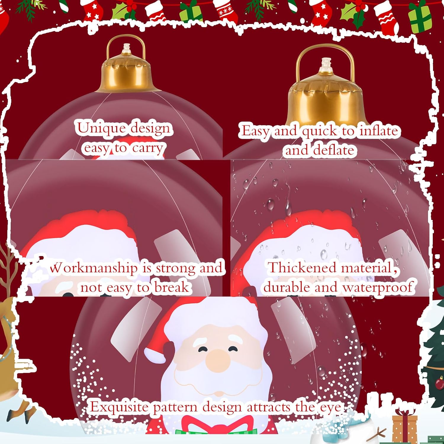 24 Inch Light Up Giant Christmas Ball Santa Claus Outdoor Inflatables With Led Light Pvc Decorated Ball Xmas Blow Up Bal