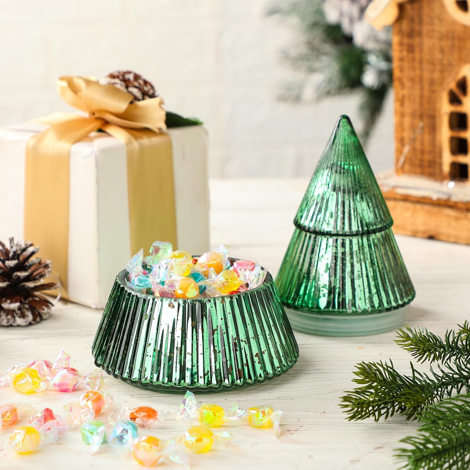 3 Pcs 10 Oz Christmas Tree Glass Candle Jars Mercury Glass Tree Decorative Xmas Empty Green Containers Bulk Refillable Storage For Christmas Holiday Candle Making Tea Biscuits Party Favors