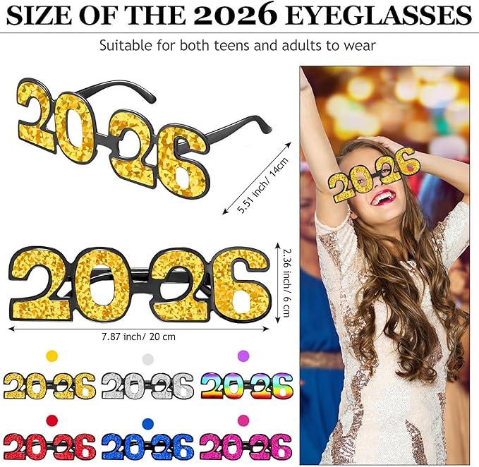 6 Pairs 2026 Glitter New Year Glasses Colorful Party Eyewear Props