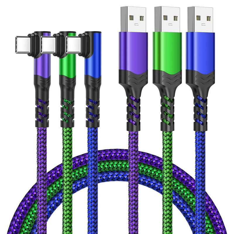 Type C Charger Fast Charging, 90 Degree Usb To Usb C Cable [10Ft,3Pack] Braide