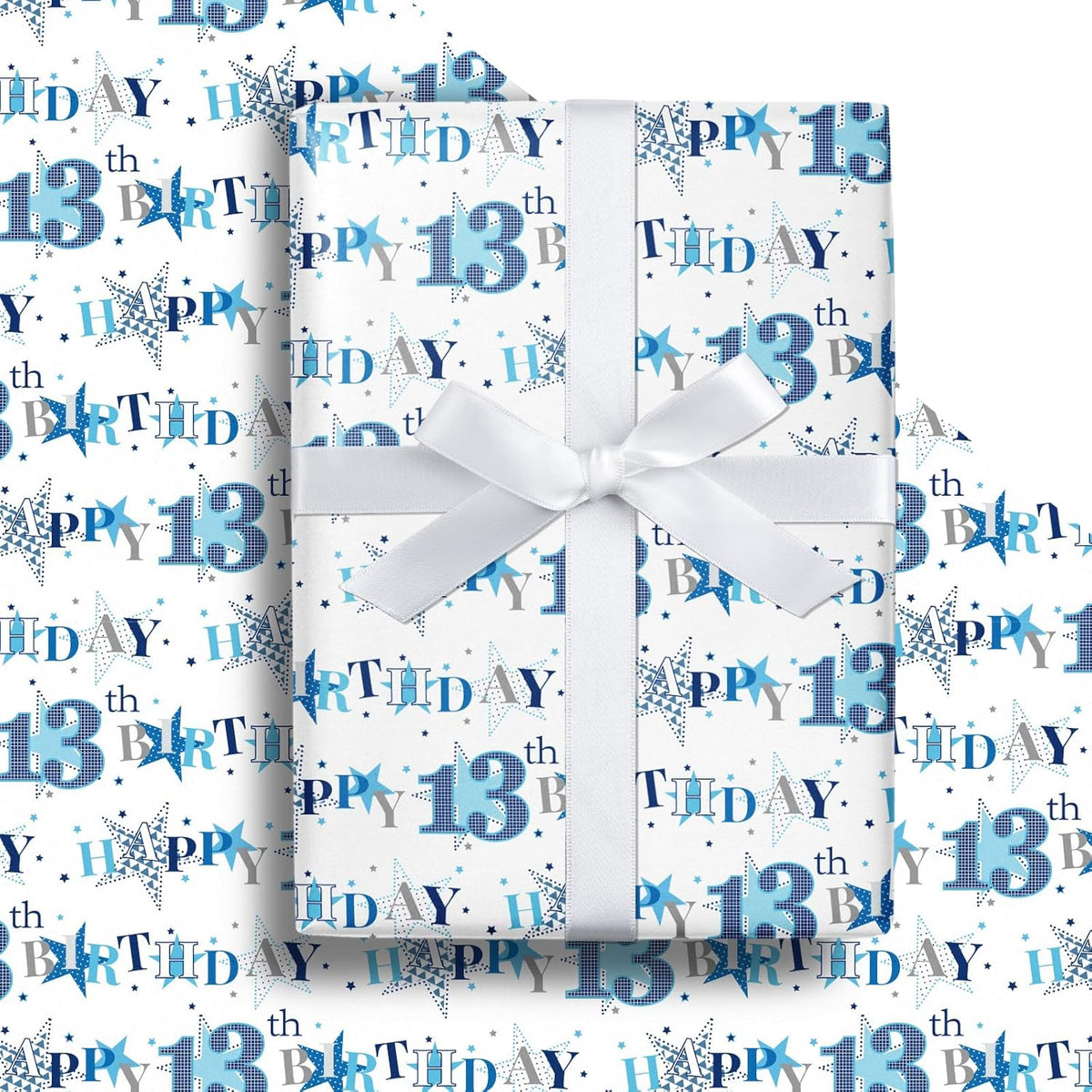13Th Birthday Wrapping Paper Roll - Blue Happy 13Th Birthday With Heart Gift Wrap For For Age13 Teens, Kids, Boys - Mini Roll - 17 Inches X 16.4 Feet (23.2 Sq.Ft.)