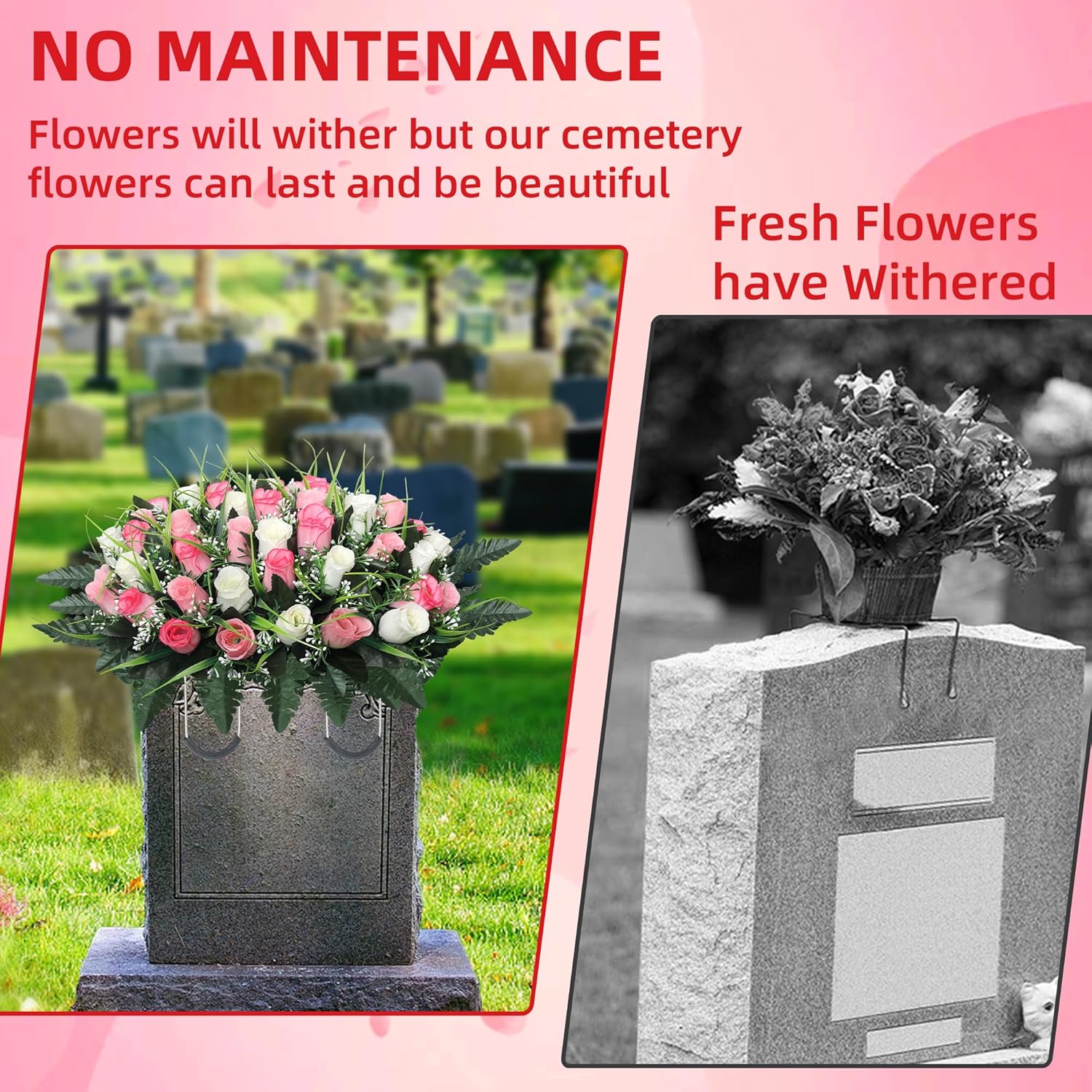 Cemetery Flowers For Grave,Headstone Flower Saddle,Flowers For Cemetery Grave Decoration Headstone Flower Saddle For Headstone Decoratio (Pink White)
